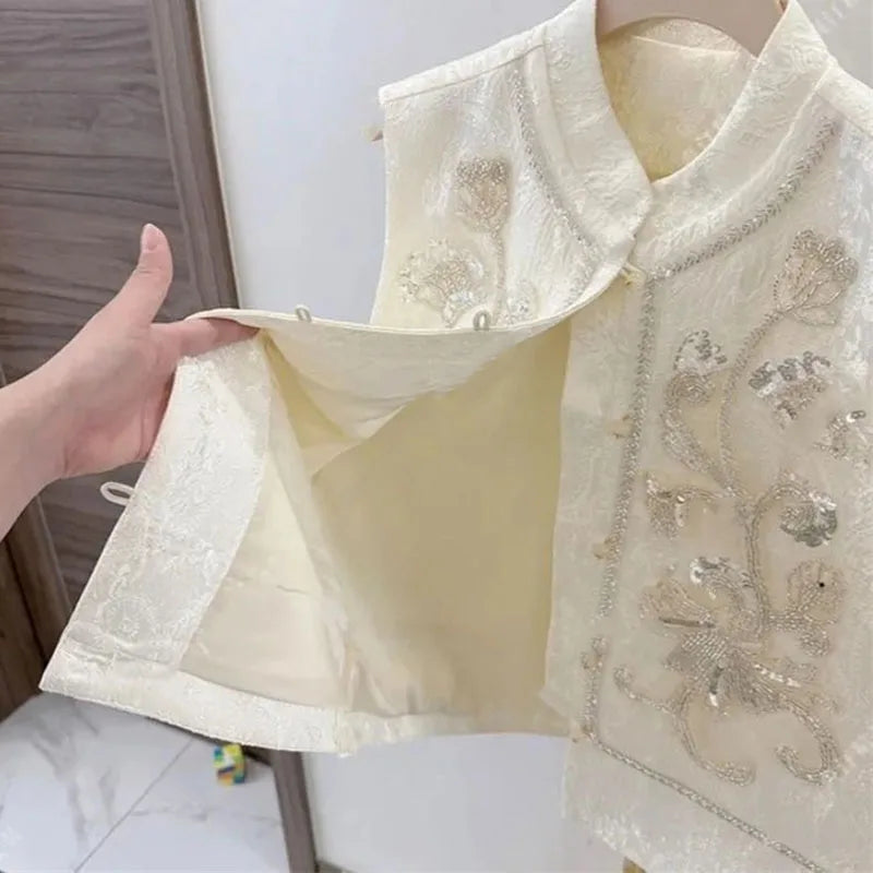 High-end Femme Embroidery Vest Outwear Spring Summer Women Solid Color Waistcoat Coat Ladies Nail Bead Glitter Sleeveless Jacket