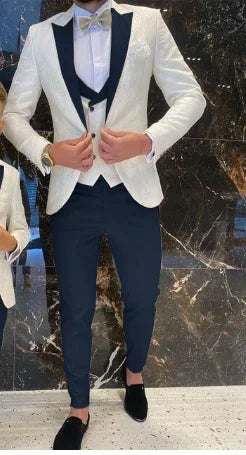 Groom White Floral Men Suits Tuxedo Slim Fit Wedding Suits Groom Full Wedding Gentleman Costume 3 Pieces (Jacket+Vest+Pants)