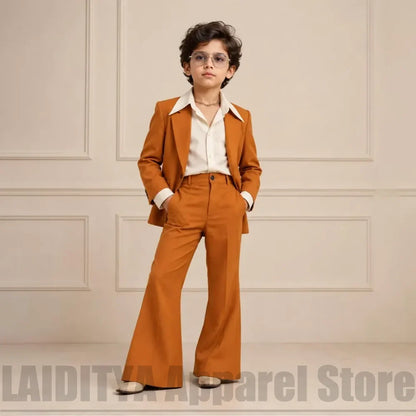Kids Boys Vintage 2 Piece Suit Notched Collar Blazer Bell Bottom Pants Fashion Outfit For Wedding Birthday Party Tuxedo