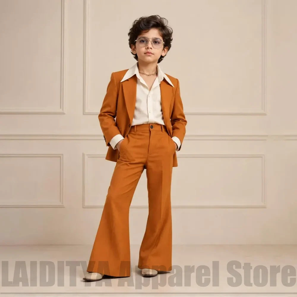 Kids Boys Vintage 2 Piece Suit Notched Collar Blazer Bell Bottom Pants Fashion Outfit For Wedding Birthday Party Tuxedo