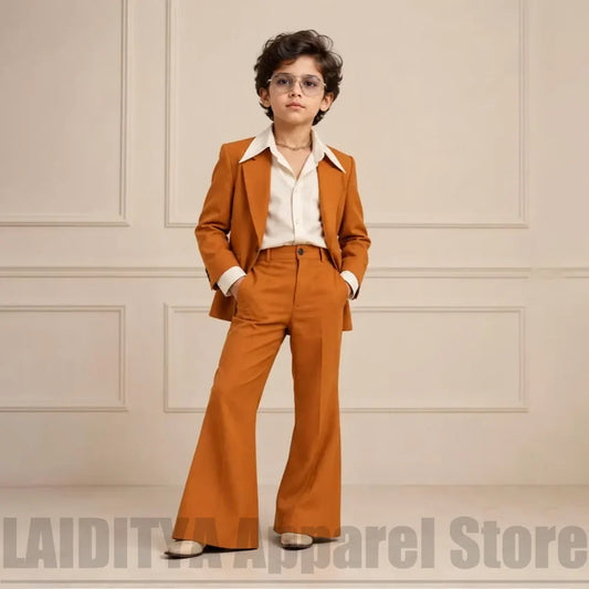 Kids Boys Vintage 2 Piece Suit Notched Collar Blazer Bell Bottom Pants Fashion Outfit For Wedding Birthday Party Tuxedo