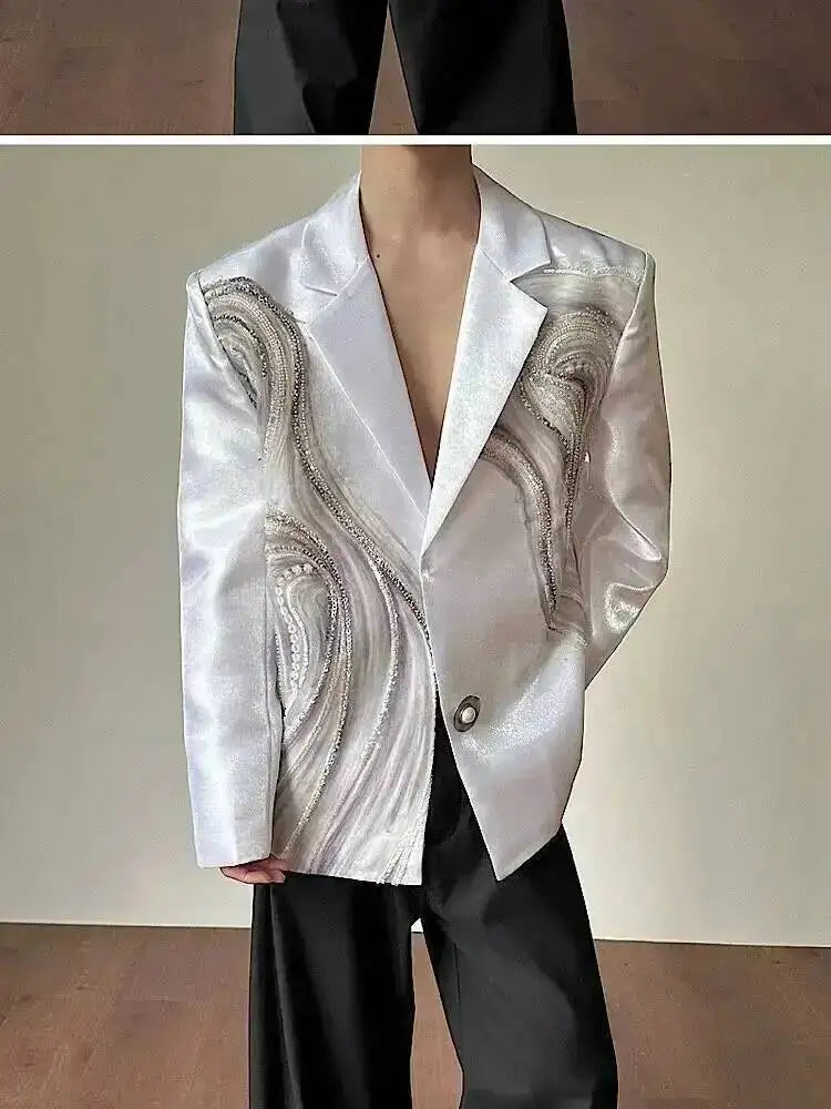 2026 New Original Luxury Temperament Sequin Gauze Patchwork Design Blazer Coat Men Elegant Handsome Casual Jacket JY7013
