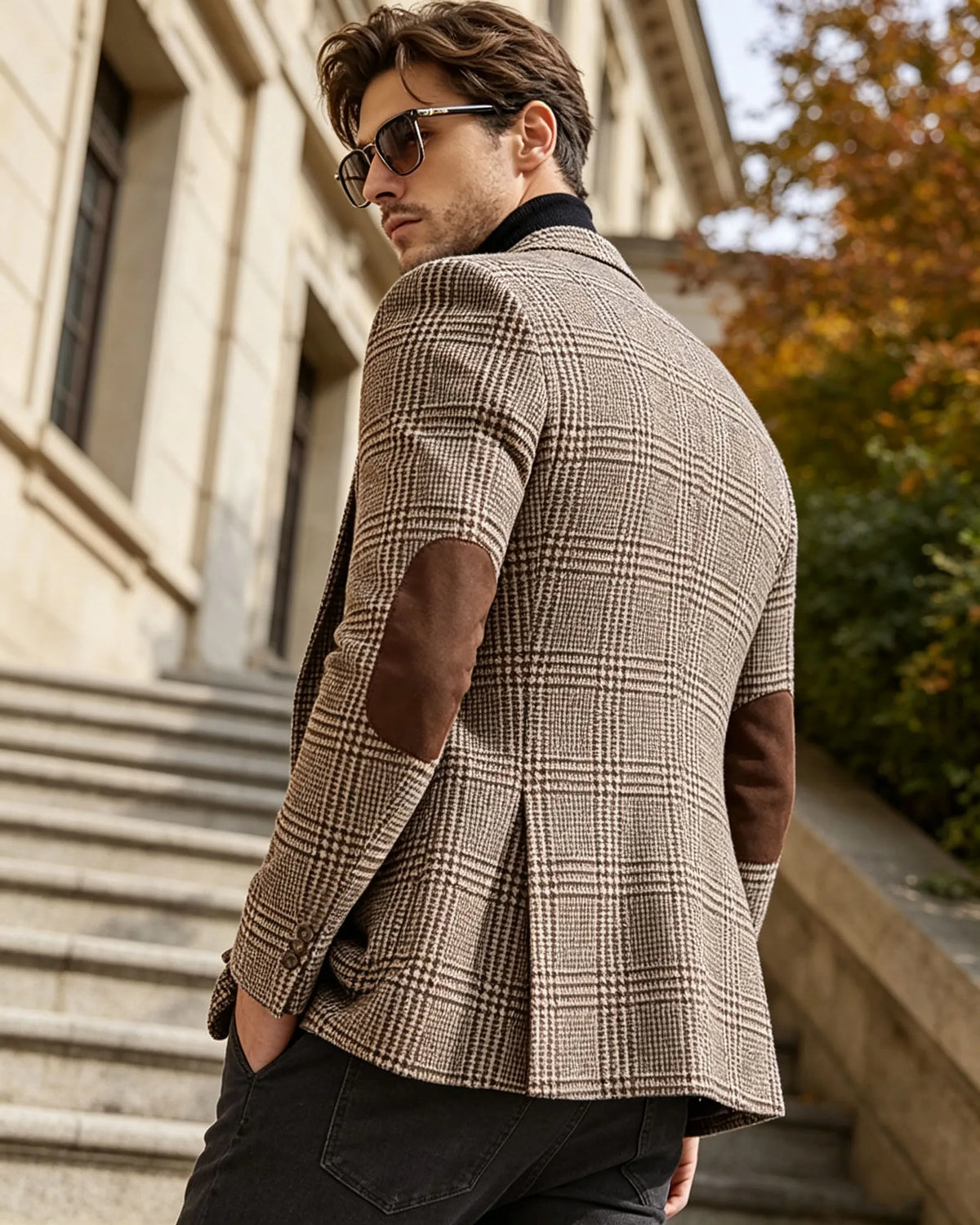 Vintage Wool Blend Plaid Men's Jackets Notched Collar Slim Fit Single Breasted Blazers With Suede Elbow Patches Business Casual