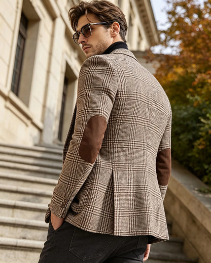 Vintage Wool Blend Plaid Men's Jackets Notched Collar Slim Fit Single Breasted Blazers With Suede Elbow Patches Business Casual