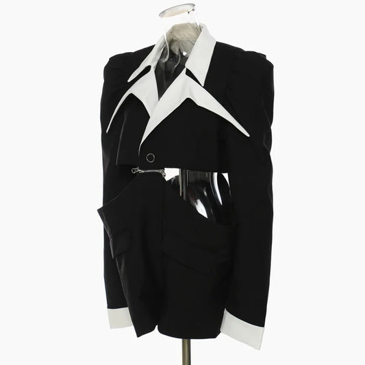 Women Chic Elegant Blazer Hollow Out Waist Color Block Patchwork Detachable Ins Trendy Short Jacket New Spring 2026 HK19486