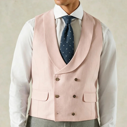 Men's Formal Vest Double-Breasted Lapel Waistcoat Pink Solid for Wedding & Business