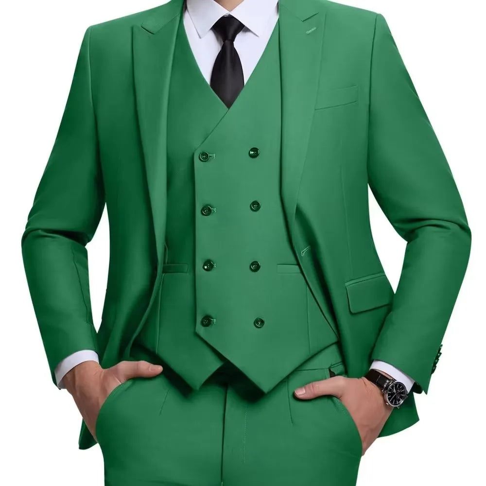 Men's Linen 3-Piece Slim Fit Suit – Blue & Beige | Peak Lapel