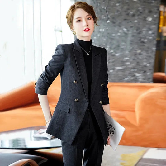 Women's Double-Breasted Slim-Fit Blazer Set | High-End Professional Commuter Outfit for Spring & Autumn