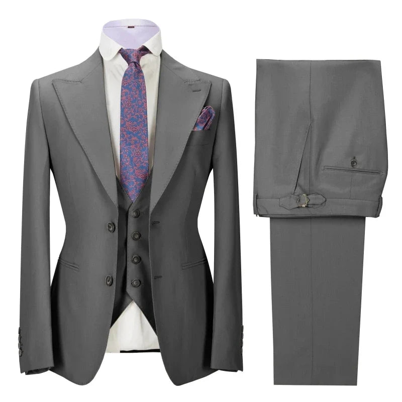 Men Suit 3 Pieces Beige Solid With Lapel Business Casual For Wedding Banquet Work Tuxedo Set Jacket Vest With Pants