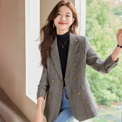 Fashion Grey Blazer Women Coffee Long Sleeve Casual Jacket for Autumn Winter Female Coats Double-Breasted Suit Women’s Clothing