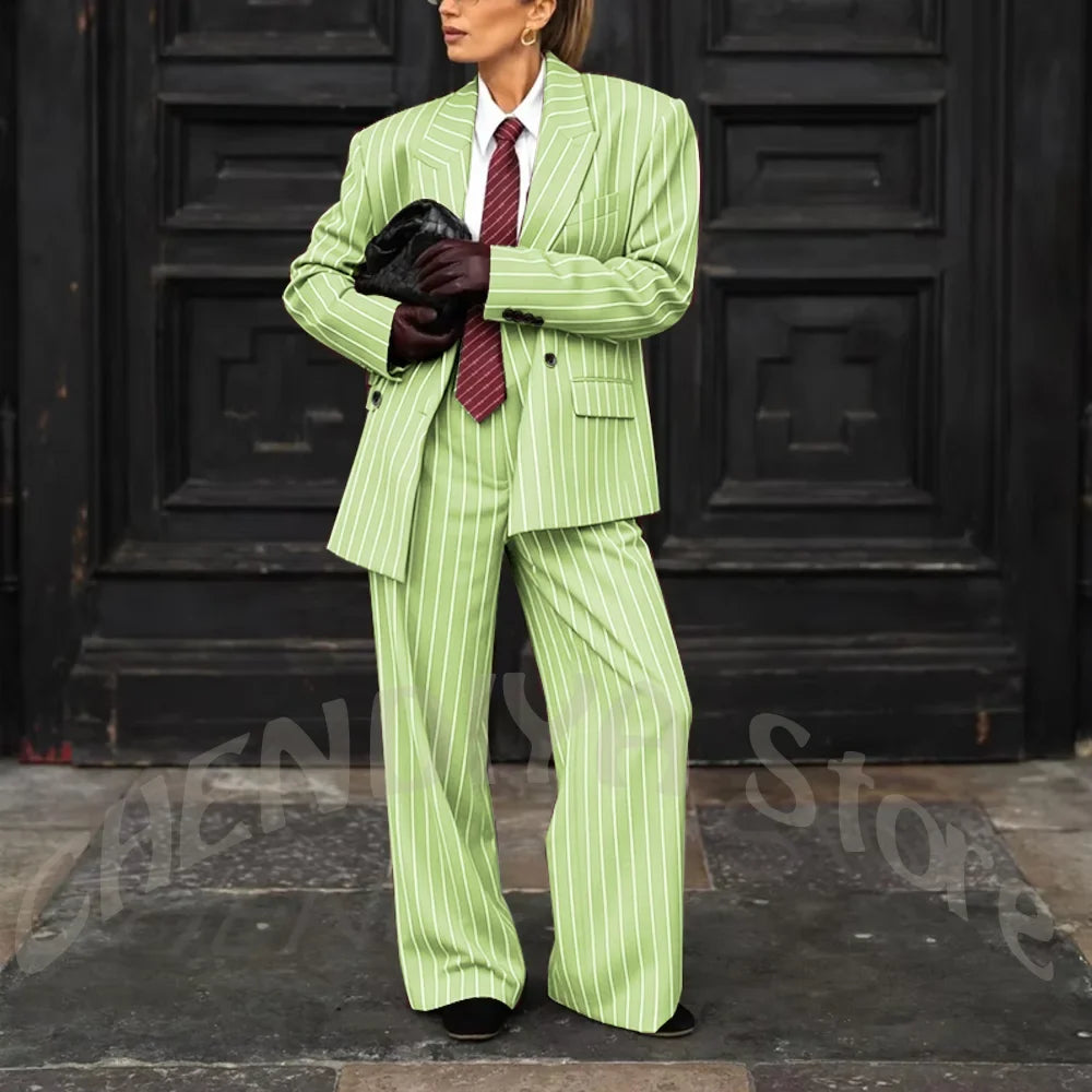 Burgundy Striped Casual Women Suit Two Pieces Jacket Pants Loose Fit Peak Lapel Blazer Set Evening Party Prom Lady Outfit