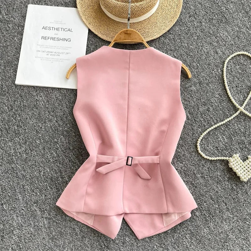 Summer Women V-neck Suit Sleeveless Jacket Femme Casual Short Waistcoat Top Korean Ladies Fashion Solid Color Cardigan Vest Coat