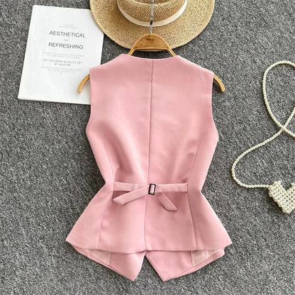 Summer Women V-neck Suit Sleeveless Jacket Femme Casual Short Waistcoat Top Korean Ladies Fashion Solid Color Cardigan Vest Coat