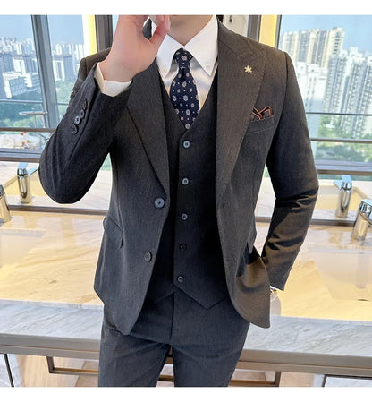 (Blazer + Vest + Trousers) 2024 New Men Formal Business Solid Suit 3 Pieces Set Italian Style Luxury Wedding Social Party Tuxedo