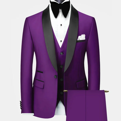 Men Suit 3 Pieces Black Single Button With Bright Lapel For Wedding Groom Banquet Party Business Work Set Jacket Vest Pants