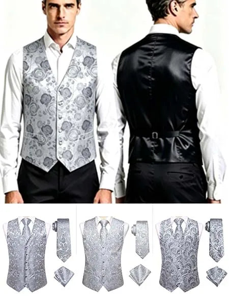 Men's Vest 3-Piece Set Satin Jacquard Waistcoat with Tie and Pocket Square for Wedding and Formal Occasions