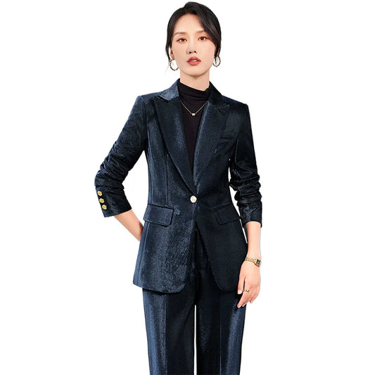 Pleuche Two Piece Sets Womens Outifits 2024 New Fashion Slim Elegant Long Sleeve Blazer Office Lady Flare Pants Suits