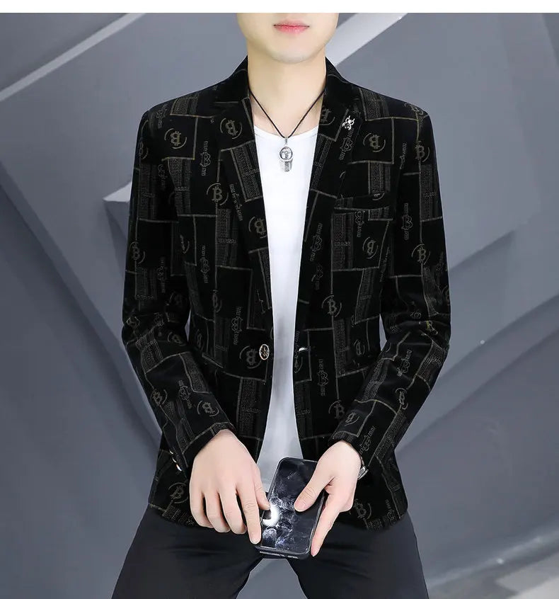 Autumn Luxury Corduroy Suit Jacket for Men Letter Printed Casual Business Men Blazers Slim Fit Social Banquet Party Dress Coats