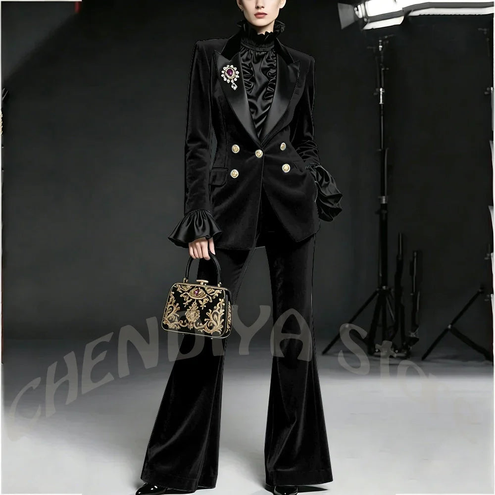 Wine Red Women Suit Stylish Velvet Elegant Outfit Peaked Lapel Blazer Pants Evening Party Prom Female Clothing Two Pieces