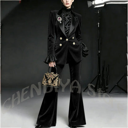 Wine Red Women Suit Stylish Velvet Elegant Outfit Peaked Lapel Blazer Pants Evening Party Prom Female Clothing Two Pieces