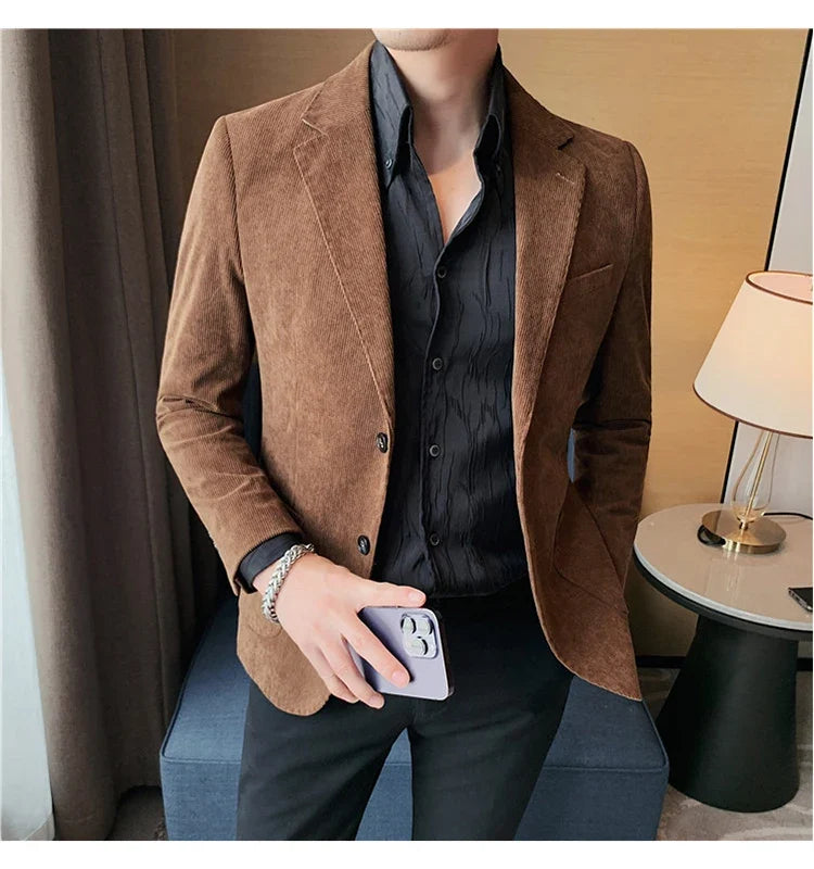 Men's Slim Fit Striped Corduroy Blazer – Smart Casual Single Breasted Suit Jacket