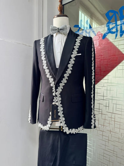 Handsome Premium Beaded Man Suits 3 Pieces Banquet Party Wear Black Shawl Lapel  Men's Suit Set For Wedding Birhday Prom S-3XL