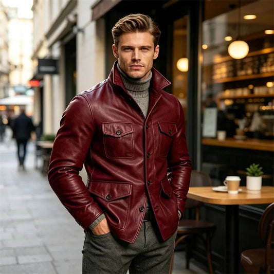 Men's Vintage Fake leather Jacket Multi Pocket Stand Up Collar Single Breasted Coat Casual Daily Work Biker Autumn Outerwear