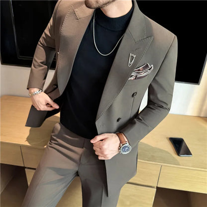 Brand Two-piece Suit for Men British Style Double Breasted Casual Business Suit Blazer Trousers Office Party Prom Wedding Suits