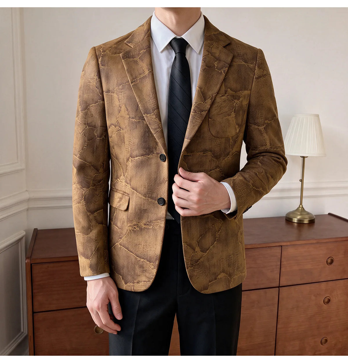 Men's Embossed Suede Blazer Smart Casual Single Breasted Jacket for Everyday Wear
