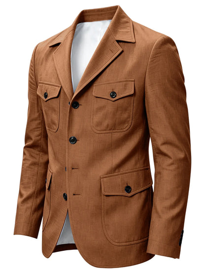 Men's Linen Safari Blazer Four Flap Pockets Slim Soft Jacket Casual Business Coat For Street Outdoor Vacation Party Daily Travel