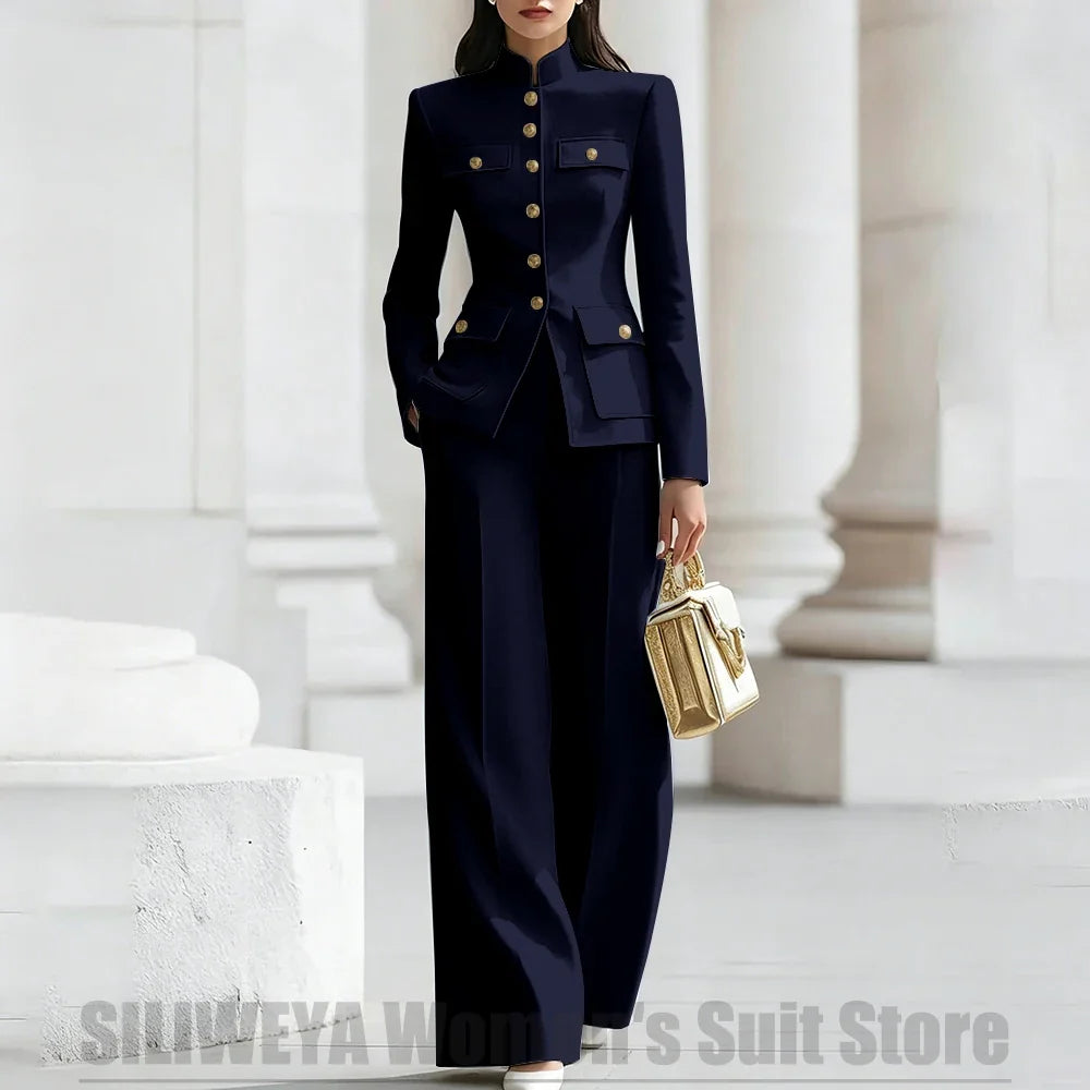 Women's Ivory Suit Mandarin Collar 2 Piece Military Style Gold Buttons Blazer Wide Leg Pants Wedding Party Prom Lady Suits
