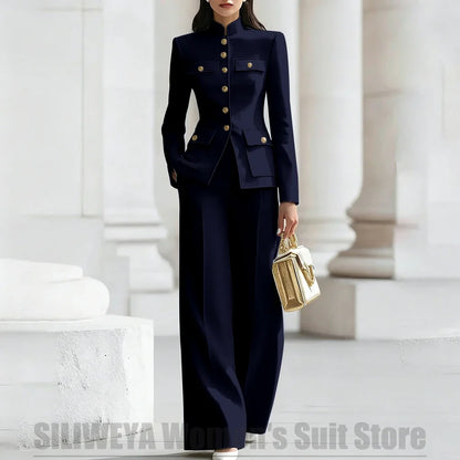 Women's Ivory Suit Mandarin Collar 2 Piece Military Style Gold Buttons Blazer Wide Leg Pants Wedding Party Prom Lady Suits