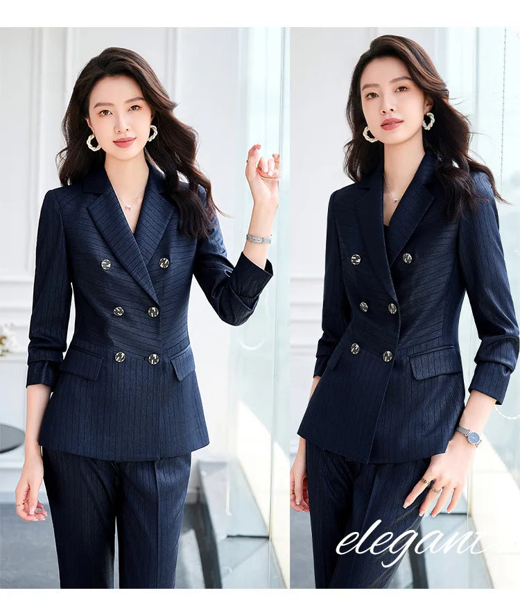 High Quality Women Navy Blue Green Pant Suit Female Button Decoration Blazer and Trouser 2 Piece Set For Office Ladies Work Wear