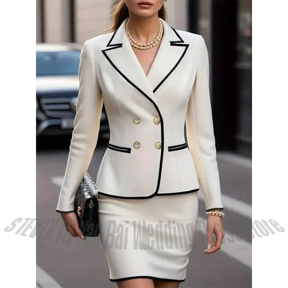White Black Trim Women Skirt Suit Double Breasted Blazer Mini Skirt Office Formal Interview Wedding Party Matching Outfit Set