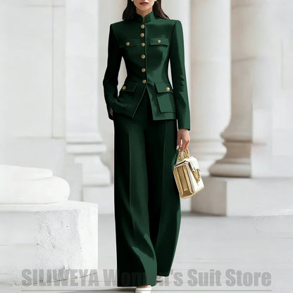 Women's Ivory Suit Mandarin Collar 2 Piece Military Style Gold Buttons Blazer Wide Leg Pants Wedding Party Prom Lady Suits