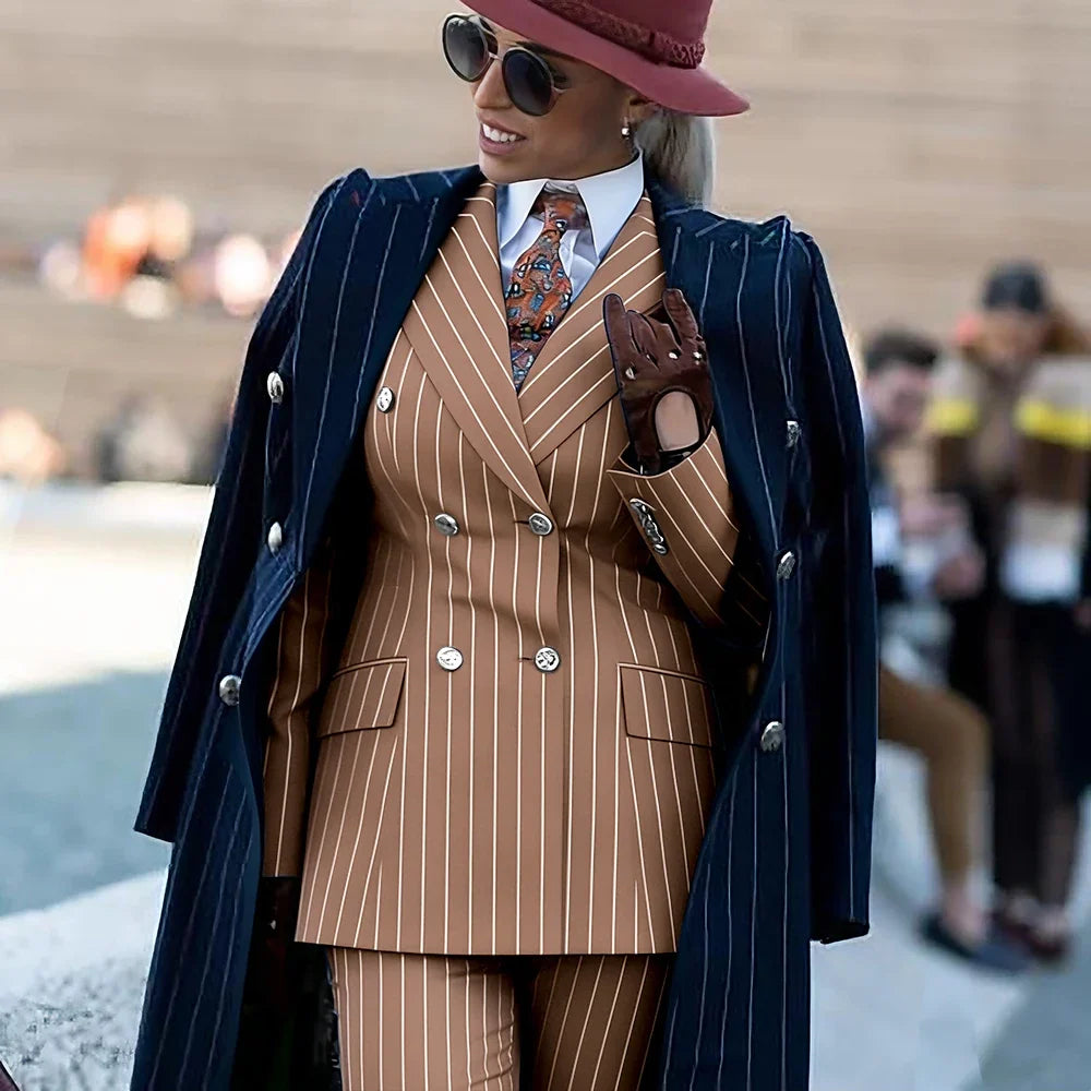 Formal Women's Burgundy Pinstripe Suit with Navy Blue Striped Coat Double Breasted 3Piece Set Elegant Evening Party Outerwears