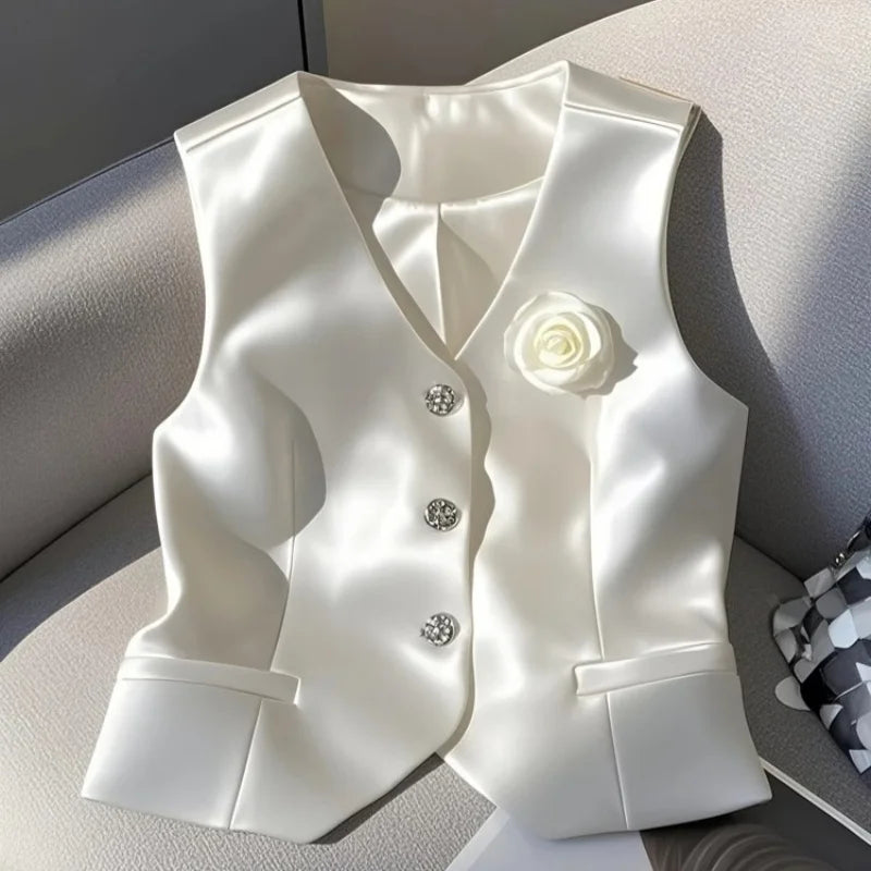 New Satin White Jacket Vest V-neck Single Breasted Slim Fit Short Coats Elegant Women Office Lady Temperament Tops Spring Summer