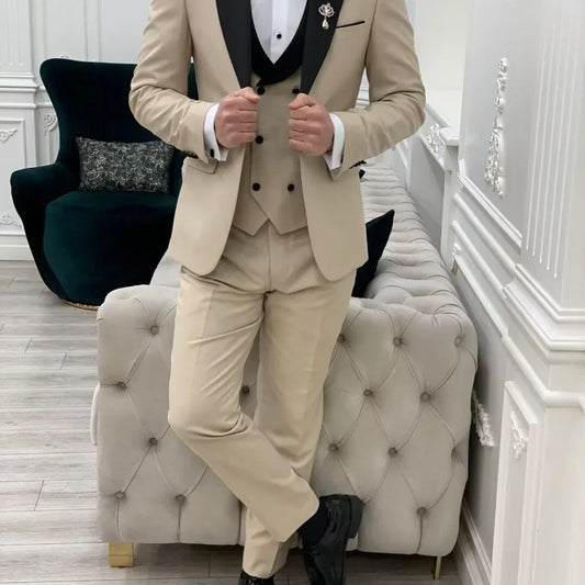 Khaki Men's 3 Piece Slim Fit Tuxedo Suit for Wedding Party Classic Style With Notch Lapel Jacket And Pant