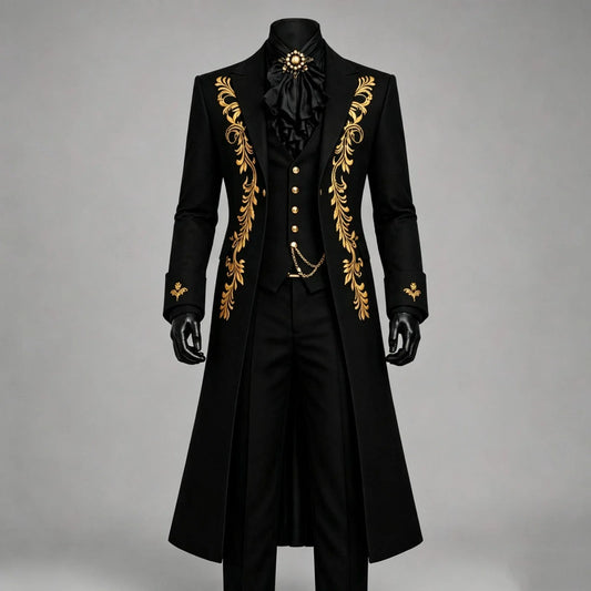 Black Gold Embroidered 3 Pieces Suit Men Victorian Long Coat Gothic Court Jacket Blazer Vest Pants Wedding Party Customized