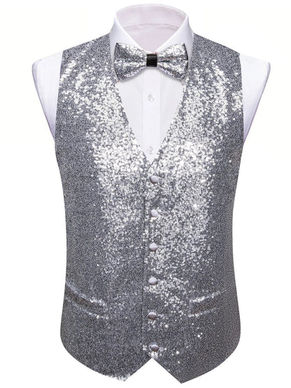 Men's Vest and Bow Tie Set – Silver-Gray Sequin – Party, Stage & Nightclub Wear
