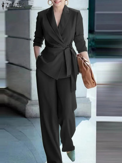 Spring 2pcs Office Women Matching Sets Solid Work OL Blazer Suits Fashion Long Sleeve Shirt Wide Leg Pant Sets Outfit 2026