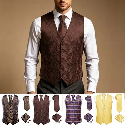 Men's V-Neck Waistcoat 4-Piece Set – Vest, Tie, Pocket Square & Cufflinks for Business Banquet