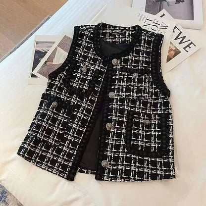 Spring Autumn Women's Vest New Plaid Single-breasted Sleeveless Small Fragrance Jacket Female Waistcoat Outerwear Chaleco Mujer