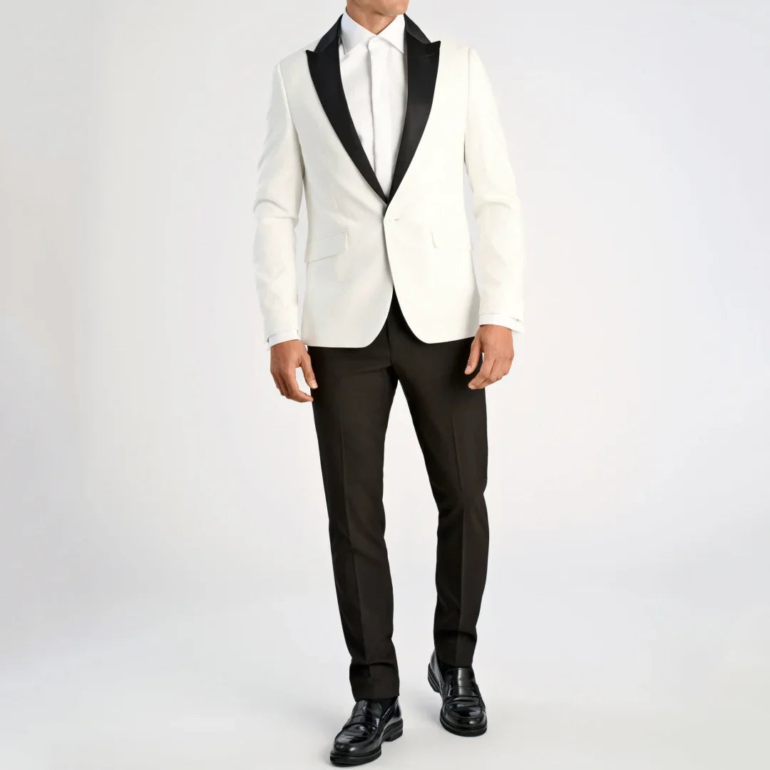 Men Suit White 2 Piece With Black Lapel Single Button For Wedding Birthday Banquet Party Work Business Casual Jacket And Pants