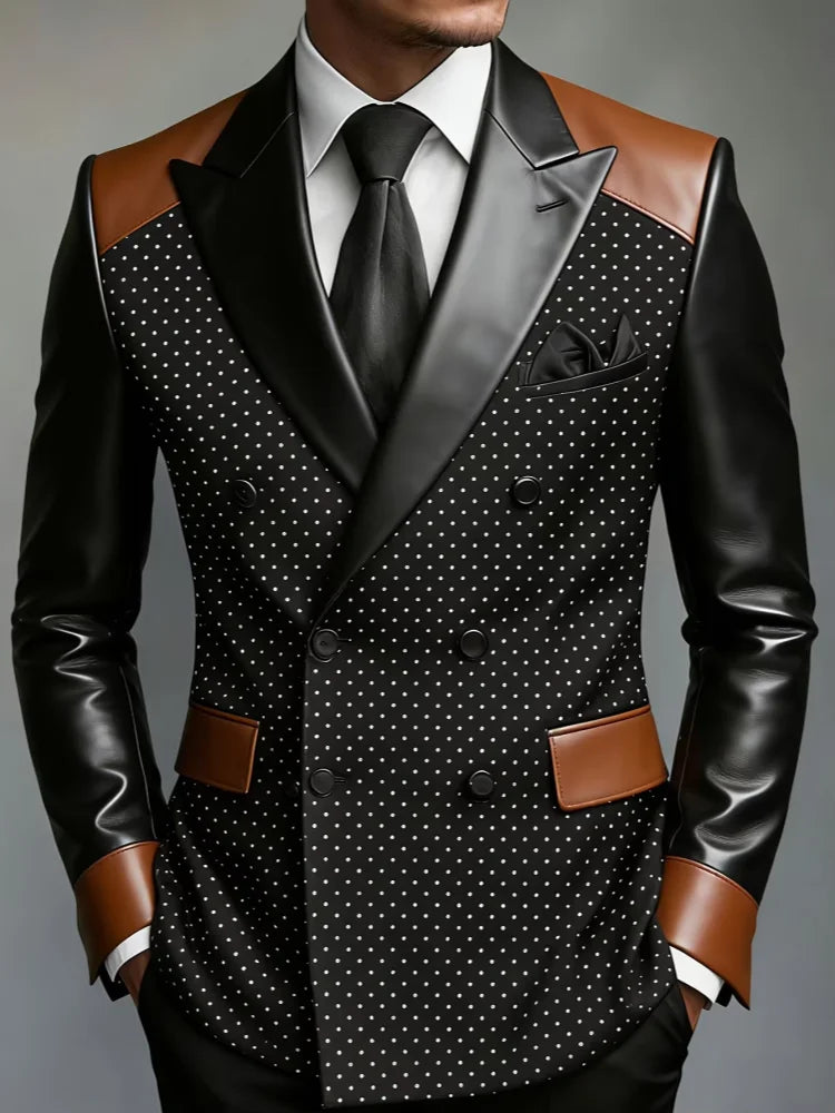 Men White Polka Dot Double Breasted Blazer Two-Tone Brown & Black Faux Leather Lapel Sleeve Trim Slim Fit Wedding Stage Groom Fo