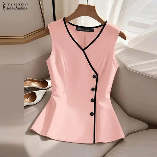 Women Elegant Contrast-Trim Vests Summer V-Neck Sleeveless Tank Tops ZANZEA 2026 Vintage Commute Work Solid Color Woman Clothes