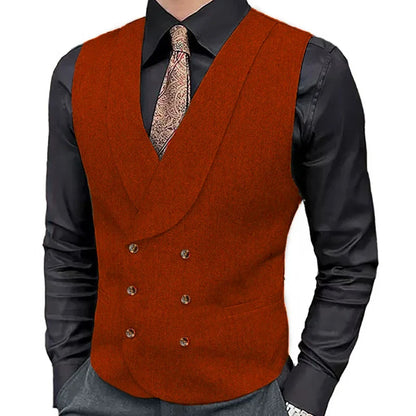 Men's Herringbone Double-Breasted Vest with Lapel – Brown Suit Waistcoat for Wedding & Formal Occasions