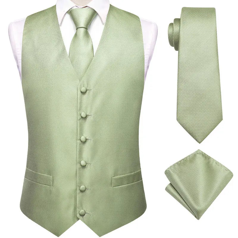 Men's Vest Double Breasted Satin V-Neck Waistcoat with Tie and Pocket Square 3-Piece Set for Weddings and Formal Events