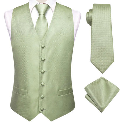 Men's Vest Double Breasted Satin V-Neck Waistcoat with Tie and Pocket Square 3-Piece Set for Weddings and Formal Events