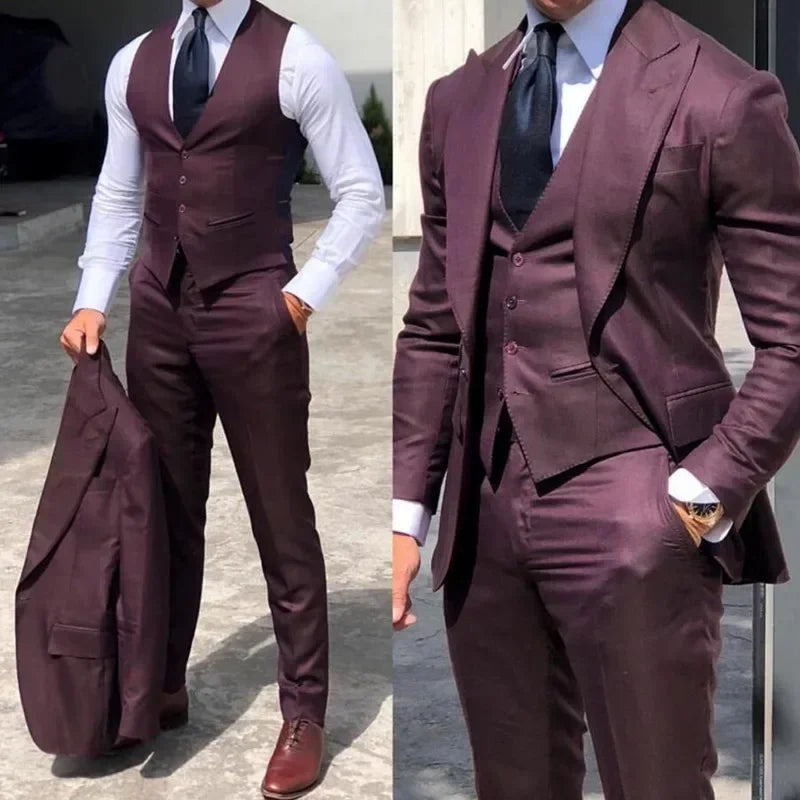 Burgundy Peak Lapel Elegant Men Suits Smart Casual Slim Fit Blazers Hombre High Quality Custom 3 Piece Set Costume Homme